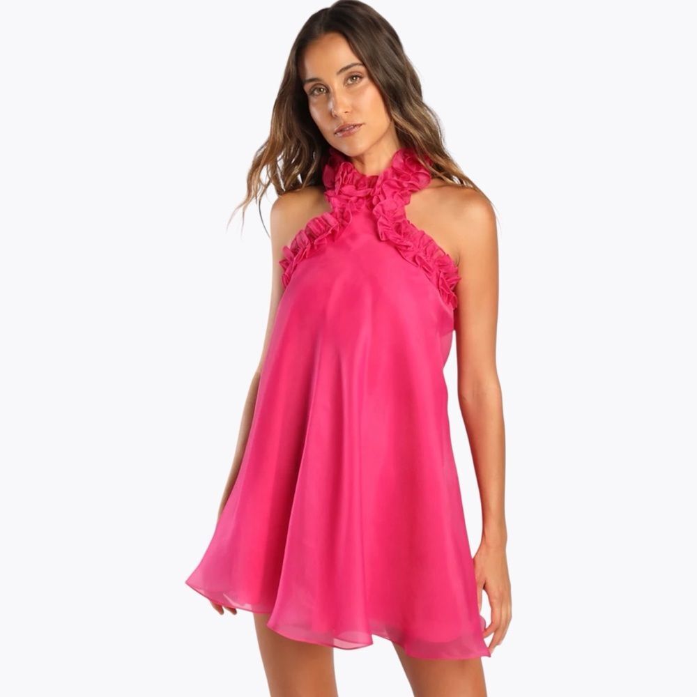 Lulus Hot Pink Organza Ruffled Halter Mini Dress Size S Barbiecore Flowy Party
